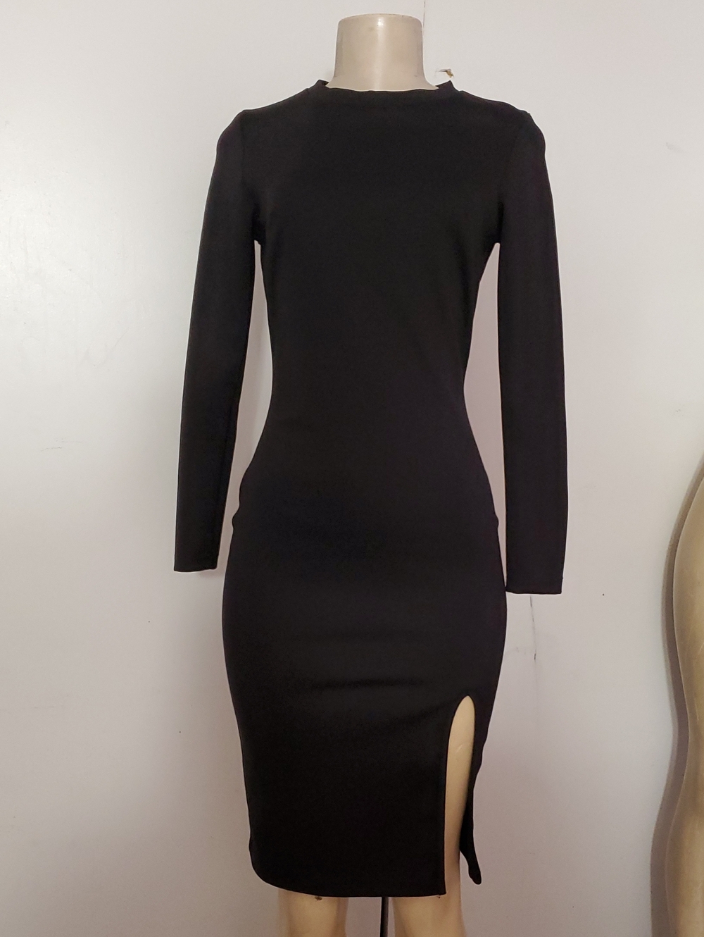 The Vanity Room Black Long-Sleeve Bodycon Dress with Side Slit